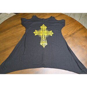 Womens Black Cold Shoulder Tunic Top With Yellow Cross Graphic Design